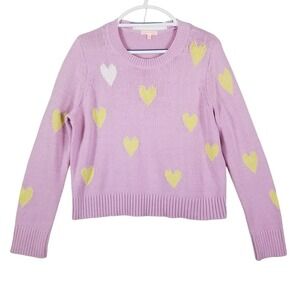 Lisa Todd Womens Heart Intarsia Knit Sweater Purple Yellow Cotton Blend Medium